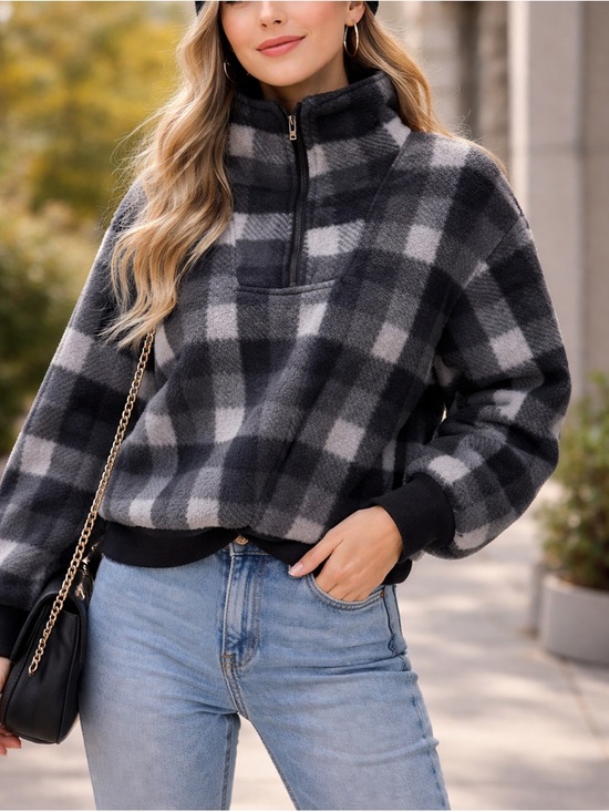 Jackets & Blazers - Women’s Black Gray Plaid Fleece Pullover | Mock Neck 3/4 Zip Jacket | Cozy | L